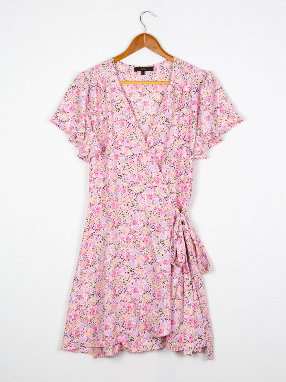 AKA Aria Floral Faux Wrap Dress Pink Flutter Sleeve Mini Dress S